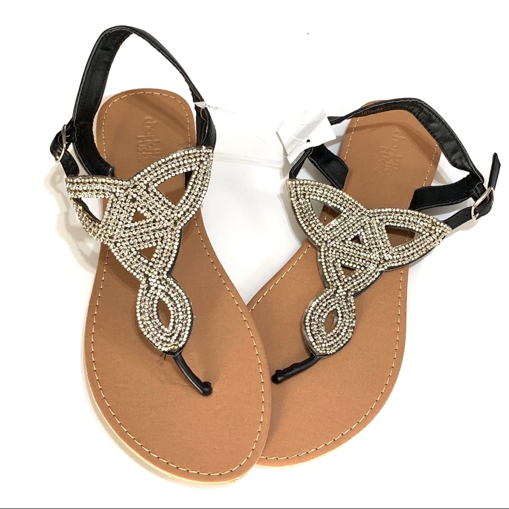 rhinestone looped black thong sandal